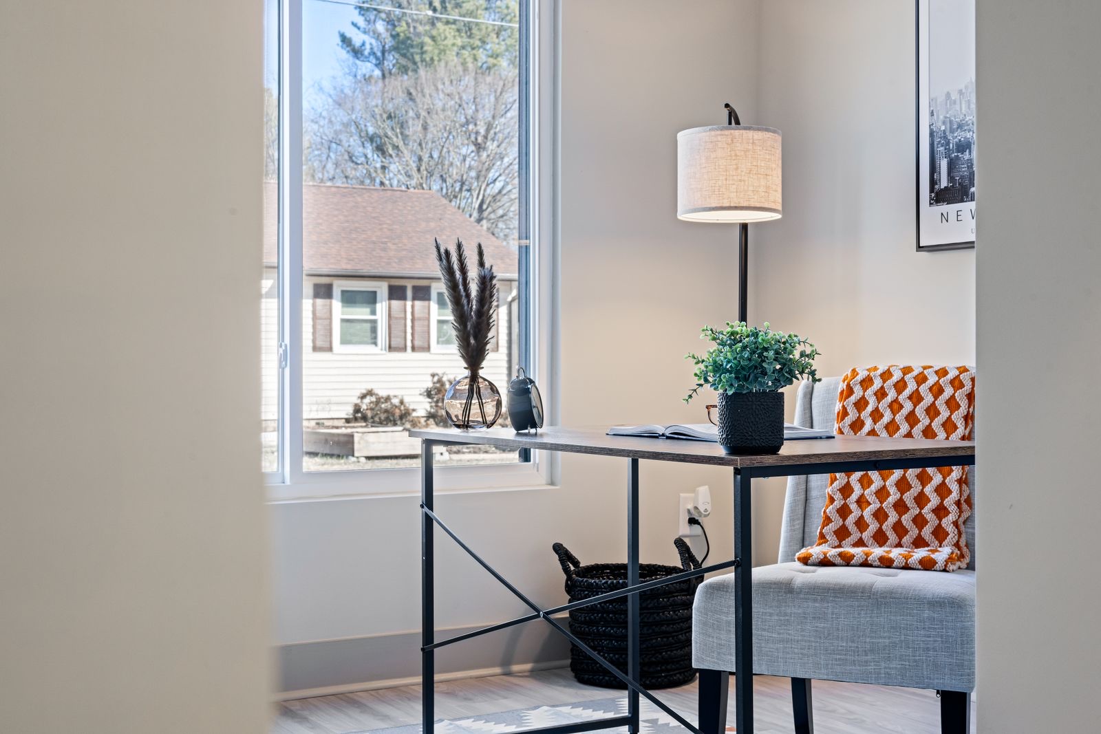 A converted garage used as a bright home office